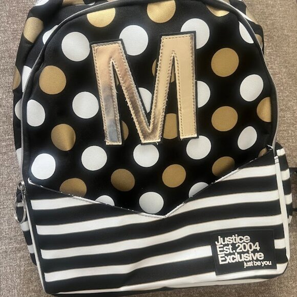 Justice Gold Black Dot Stripe "M" Initial Backpack School Bag - Picture 2 of 11